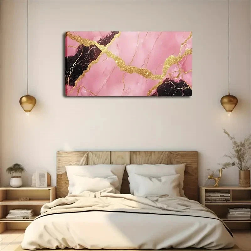 Pink & Black With Golden Accent Wall Art Canvas Office Home Room Framed 120x60cm