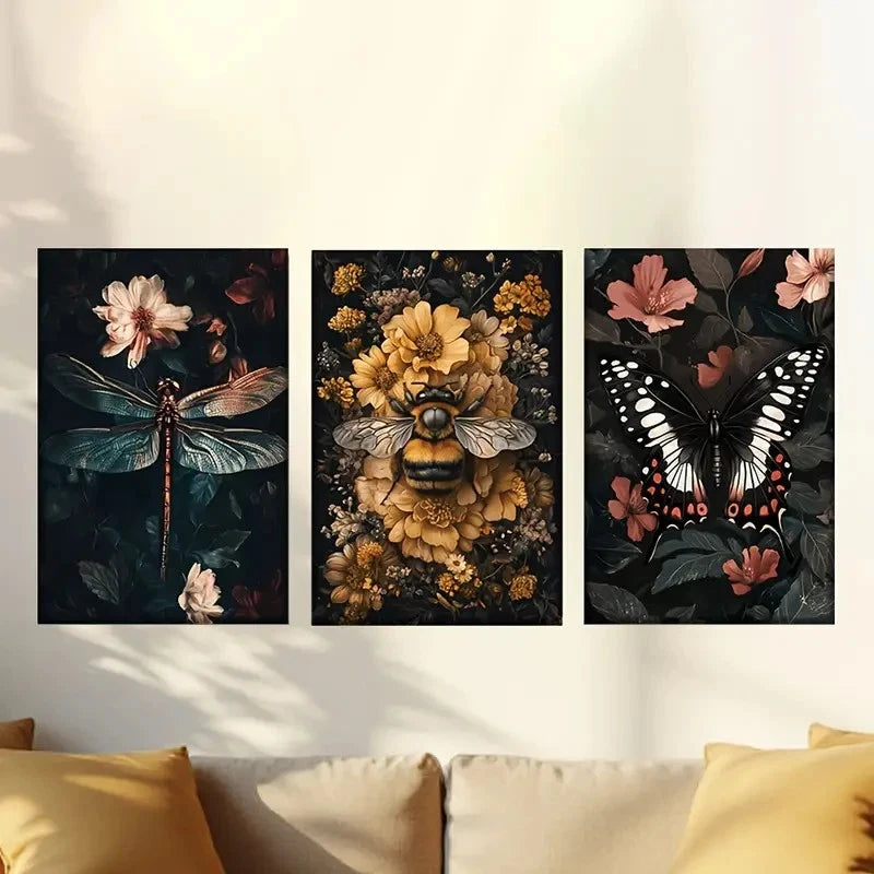 3pcs Dark Flowers and Plants Wall Art Set Canvas Framed 40x60cm - High Quality Print 100% Australian Made Wall Canvas Ready to Hang - Bella Home Decor