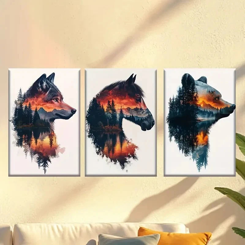 3pcs Animal Silhouette Wolf Horse Bear Wall Art Set Canvas Framed 40x60cm - High Quality Print 100% Australian Made Wall Canvas Ready to Hang - Bella Home Decor