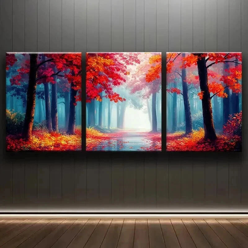 3pcs Autumn Forest Red Nature Beauty Perfect Wall Art Set Canvas Framed 60x90cm - High Quality Print 100% Australian Made Wall Canvas Ready to Hang
