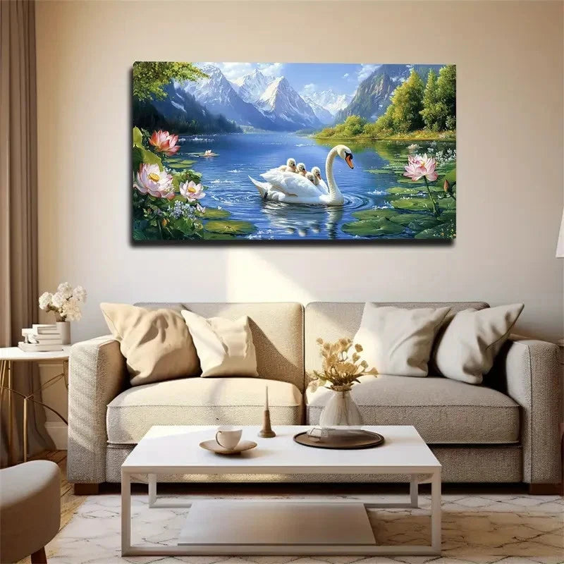 Swan Mother With Cubs In Lake Wall Art Canvas Office Home Room Framed 120x60cm