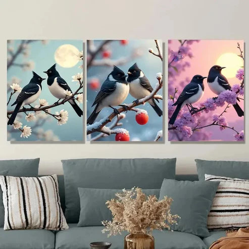 3pcs Charming Bird Beautiful Triptych Black Moon Wall Art Set Canvas Unframed - High Quality Print 100% Australian Made Wall Canvas - Bella Home Decor