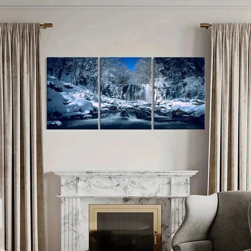 3pcs Winter Snow Scene Waterfall Modern Wall Art Set Canvas Framed 40x60cm - High Quality Print 100% Australian Made Wall Canvas Ready to Hang - Bella Home Decor