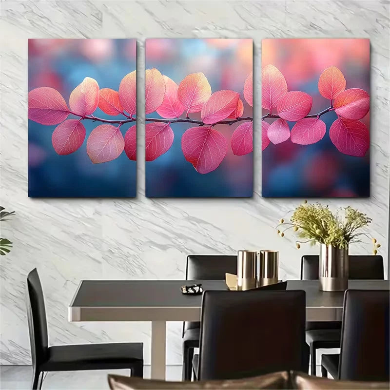 3pcs Vibrant Pink Foliage with Blue Sky Metal Print Ready to Hang Art