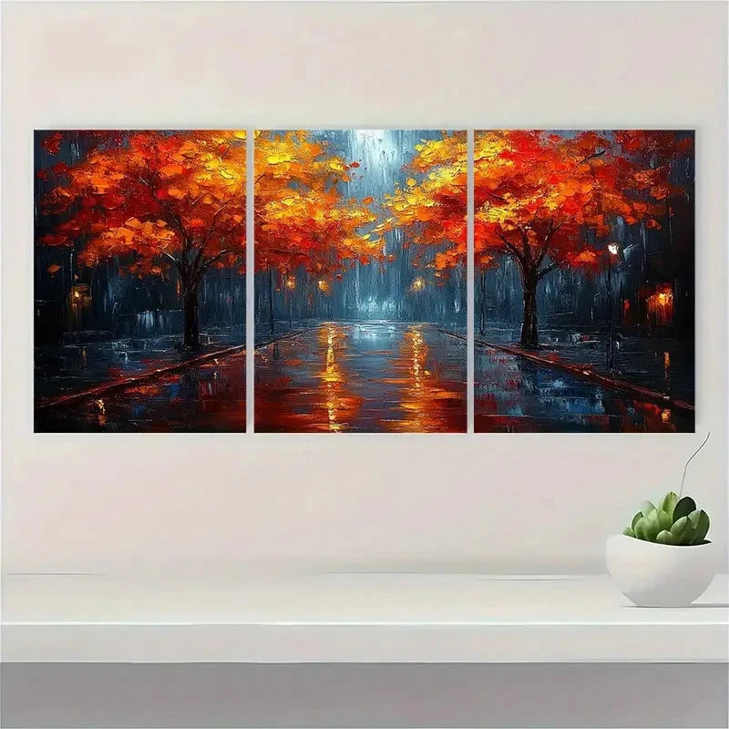 3pcs Night Rainy Street Oil Painting Y Wall Art Set Canvas Framed 60x90cm - High Quality Print 100% Australian Made Wall Canvas Ready to Hang - Bella Home Decor