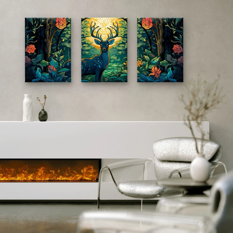 3pcs Enchanted Deer and Floral Forest Nature Wall Art Set Canvas Framed 50x70cm - High Quality Print 100% Australian Made Wall Canvas Ready to Hang