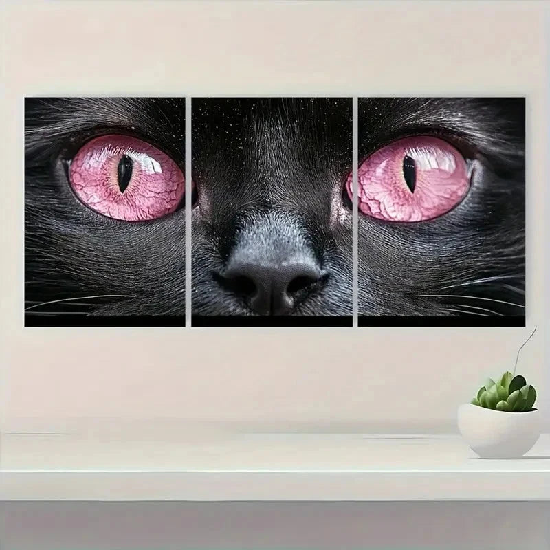 3pcs Pink Eyes on Black Cat Wall Art Set Canvas Framed 40x60cm - High Quality Print 100% Australian Made Wall Canvas Ready to Hang - Bella Home Decor