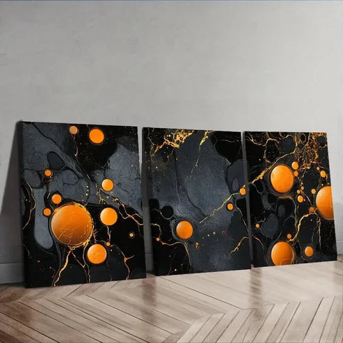 3pcs Black & Golden Bubble Fluid Design Art Set Canvas Unframed - High Quality Print 100% Australian Made Wall Canvas - Bella Home Decor
