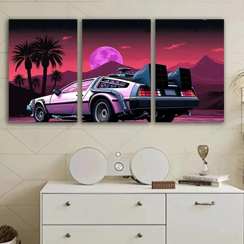 3pcs Retro Futuristic Pink Car Scene Wall Art Set Canvas Framed 50x70cm - High Quality Print 100% Australian Made Wall Canvas Ready to Hang