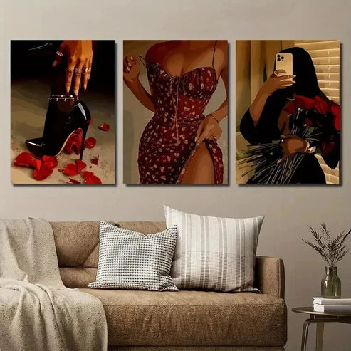 3pcs Black Woman in Floral Dress Wall Art Set Canvas Unframed - High Quality Print 100% Australian Made Wall Canvas - Bella Home Decor