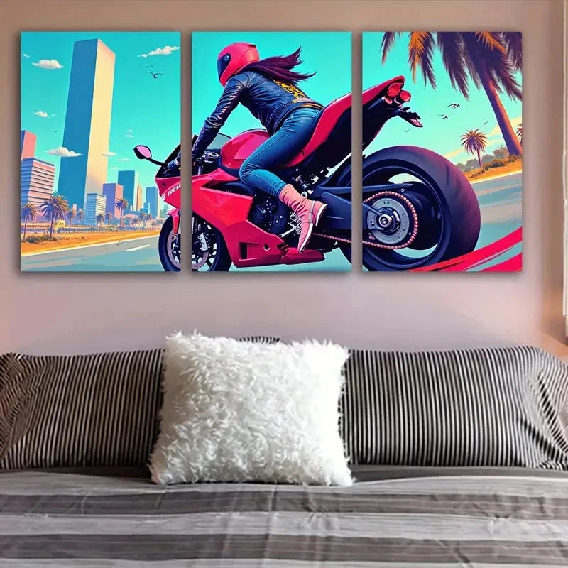 3pcs Motorcycle Cityscape Wall Art Set Canvas Framed 40x60cm - High Quality Print 100% Australian Made Wall Canvas Ready to Hang