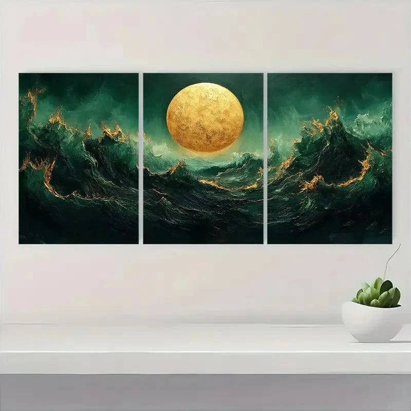 3pcs Golden Textured Minimalist Green G Wall Art Set Canvas Framed 40x60cm - High Quality Print 100% Australian Made Wall Canvas Ready to Hang - Bella Home Decor