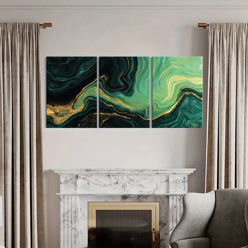 3pcs Teal & Golden Abstract Swirl Pattern Wall Art Set Canvas Framed 50x70cm - High Quality Print 100% Australian Made Wall Canvas Ready to Hang