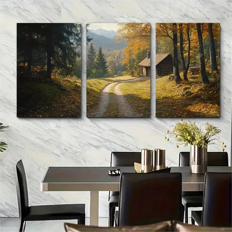 3pcs Impressionist Autumn Forest Scene Golden Metal Print Ready to Hang Art