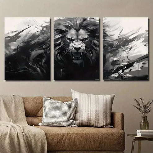 3pcs Black and White Monochrome Animal Lion Wall Art Set Canvas Unframed - High Quality Print 100% Australian Made Wall Canvas - Bella Home Decor