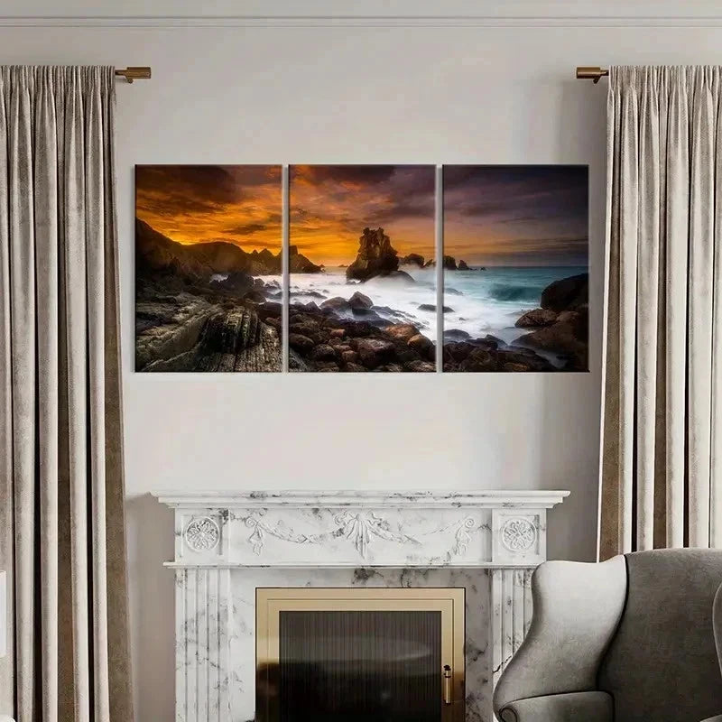 3pcs Cantabrian Coast at Sunset Natural Wall Art Set Canvas Framed 50x70cm - High Quality Print 100% Australian Made Wall Canvas Ready to Hang - Bella Home Decor