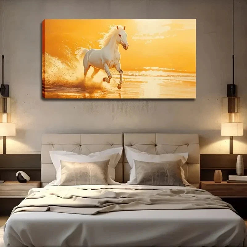 White Horse Running Water Wall Art canvas office home room framed 120x60cm - Bella Home Decor