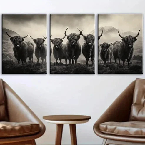 3pcs Animal Highland Cattle Gray White Cool Yaks Wall Art Set Canvas Unframed - High Quality Print 100% Australian Made Wall Canvas - Bella Home Decor
