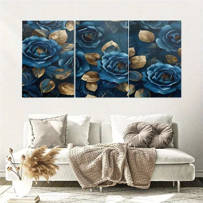 3pcs Abstract Golden and Blue Rose Flowers Wall Art Set Canvas Framed 60x90cm - High Quality Print 100% Australian Made Wall Canvas Ready to Hang