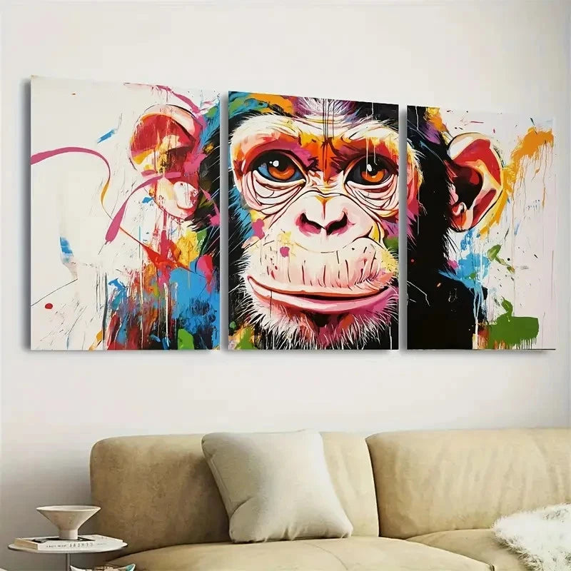 3pcs Monkey Graffiti Wall Art Set Canvas Framed 50x70cm - High Quality Print 100% Australian Made Wall Canvas Ready to Hang