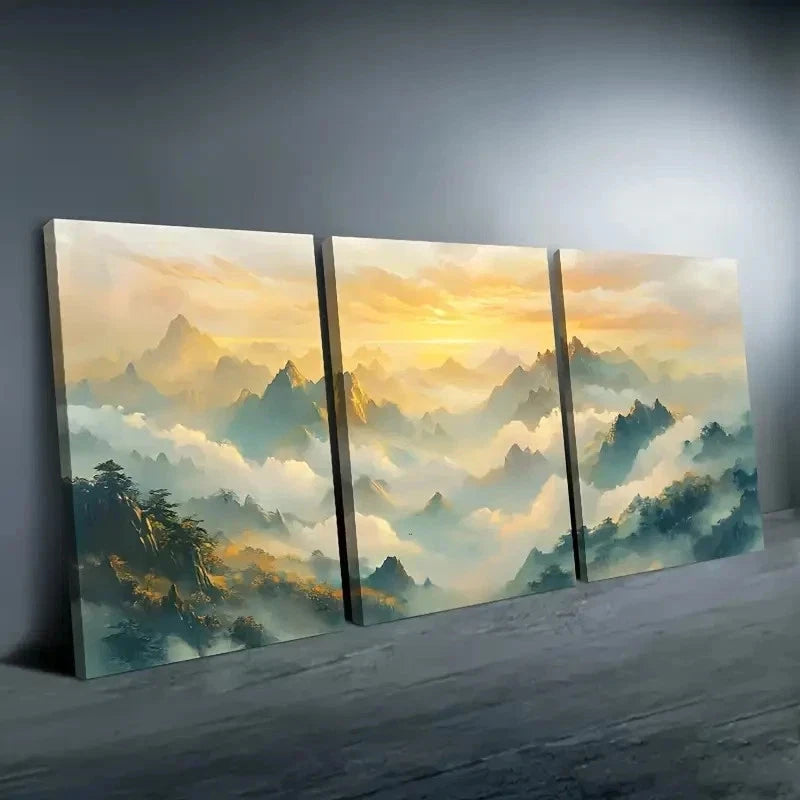 3pcs Serene Mountain Landscape With Sunset Wall Art Set Canvas Framed 50x70cm - High Quality Print 100% Australian Made Wall Canvas Ready to Hang