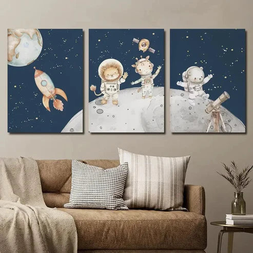 3pcs Lion Giraffe & Bear Cub on Moon Wall Art Set Canvas Unframed - High Quality Print 100% Australian Made Wall Canvas