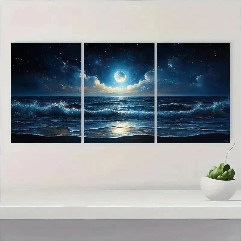 3pcs Midnight Ocean Seascapey SF Wall Art Set Canvas Framed 60x90cm - High Quality Print 100% Australian Made Wall Canvas Ready to Hang