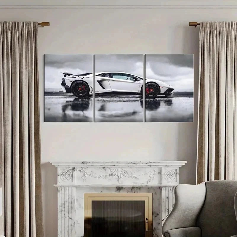 3pcs White Lambo Super Car Modern Vehicle Wall Art Set Canvas Framed 50x70cm - High Quality Print 100% Australian Made Wall Canvas Ready to Hang