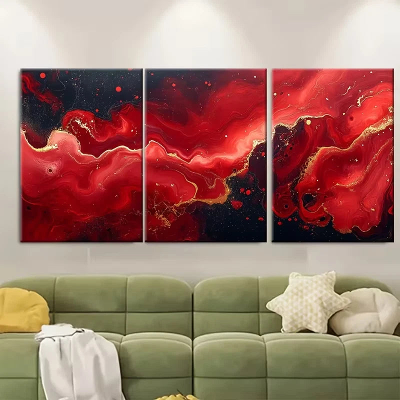 3pcs Abstract Red Marble Ink Pattern Metal Print Ready to Hang Art