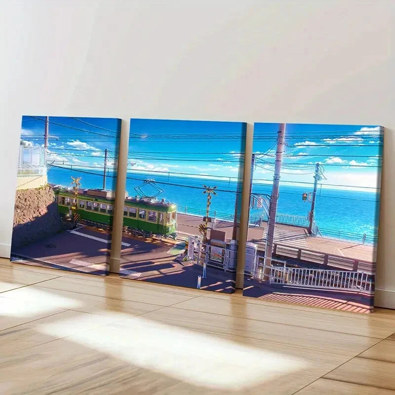 3pcs Seaside Town Landscape & Tram Wall Art Set Canvas Framed 50x70cm - High Quality Print 100% Australian Made Wall Canvas Ready to Hang - Bella Home Decor