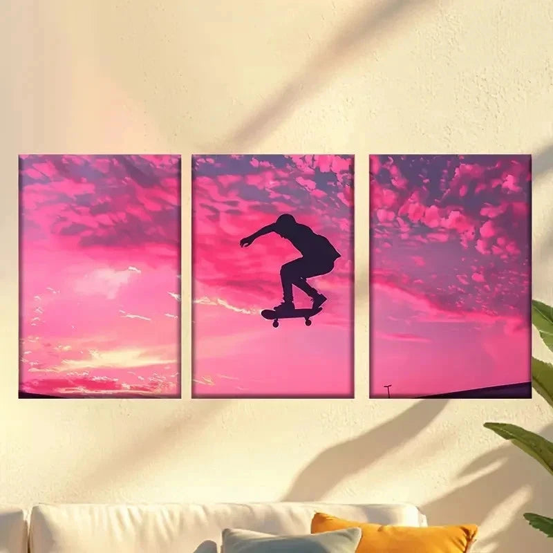 3pcs Speeding skateboarder Wall Art Set Canvas Framed 50x70cm - High Quality Print 100% Australian Made Wall Canvas Ready to Hang