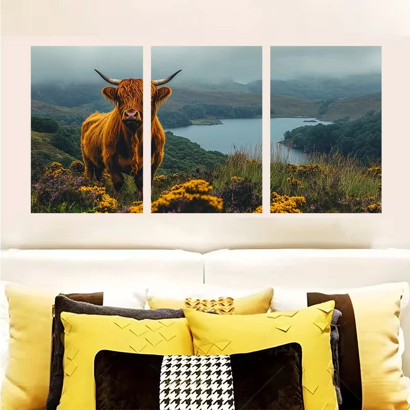 3pcs Rustic Highland Cow Canvas Scottish Wall Art Set Canvas Framed 50x70cm - High Quality Print 100% Australian Made Wall Canvas Ready to Hang