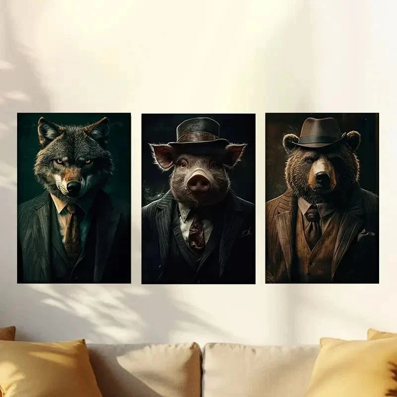 3pcs Business Suit Gentleman Animal Wall Art Set Canvas Framed 40x60cm - High Quality Print 100% Australian Made Wall Canvas Ready to Hang - Bella Home Decor
