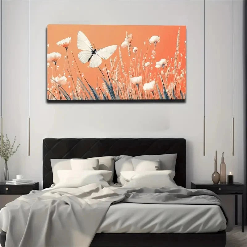 White Butterfly Orange Branch Wall Art Canvas Office Home Room Framed 120x60cm