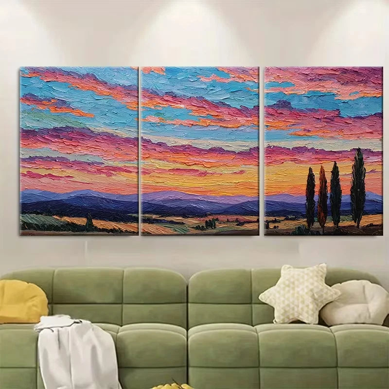 3pcs Sunrise Impasto Landscape Art Metal Print Ready to Hang Art