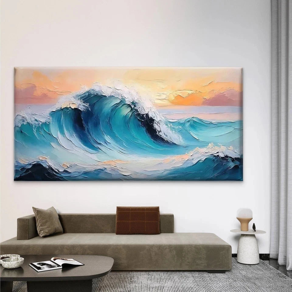 Ocean Wave Sunset Wall Art Canvas Office Home Room Framed 120x60cm