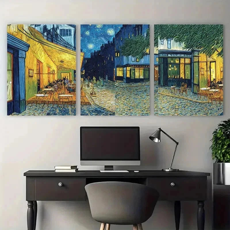 3pcs Impressionist Night Cafe Scene Perfect Wall Art Set Canvas Framed 50x70cm - High Quality Print 100% Australian Made Wall Canvas Ready to Hang