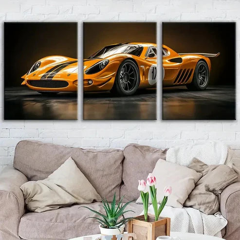 3pcs Abstract Yellow Sport Car Black Gold White Wall Art Set Canvas Unframed - High Quality Print 100% Australian Made Wall Canvas - Bella Home Decor