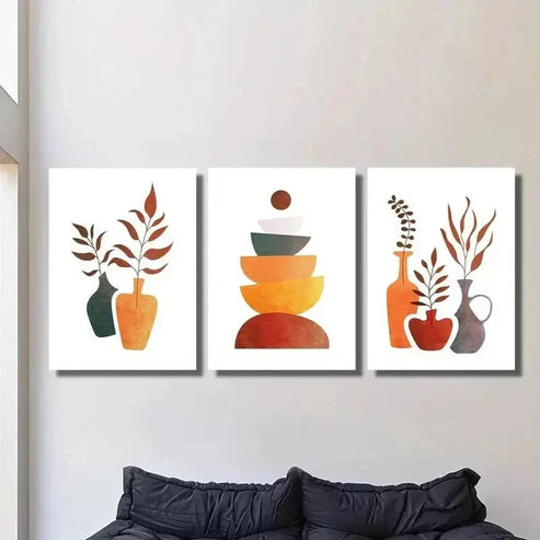 3pcs Circle Balance Floral Vase Arrangement Wall Art Set Canvas Unframed - High Quality Print 100% Australian Made Wall Canvas - Bella Home Decor