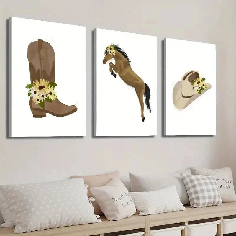 3pcs Hat & Jumping Horse Yellow Daisy Perfect Wall Art Set Canvas Framed 50x70cm - High Quality Print 100% Australian Made Wall Canvas Ready to Hang - Bella Home Decor