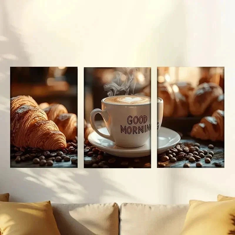 3pcs Coffee & Croissants Morning Scene Wall Art Set Canvas Framed 40x60cm - High Quality Print 100% Australian Made Wall Canvas Ready to Hang - Bella Home Decor