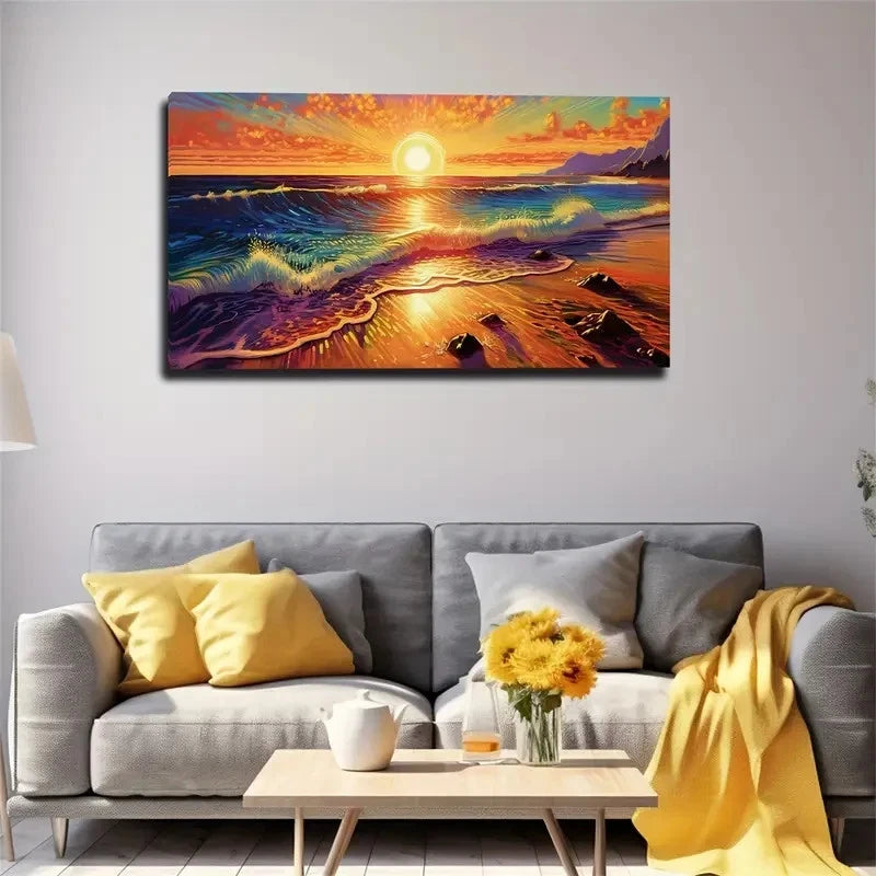 Sandy Shore & Sunrise Sky Wall Art Canvas Office Home Room Framed 120x60cm