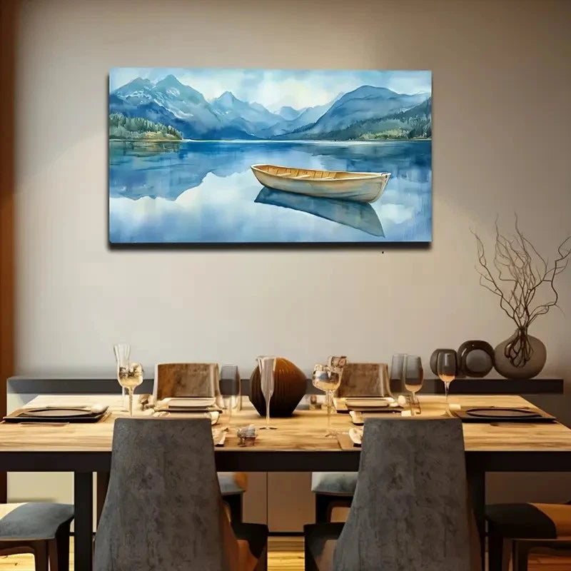 Serene Mountain Lake Rowboat Wall Art Canvas Office Home Room Framed 120x60cm