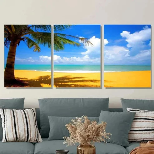 3pcs Beach Scene Palm Trees & Ocean Paradise Wall Art Set Canvas Unframed - High Quality Print 100% Australian Made Wall Canvas - Bella Home Decor