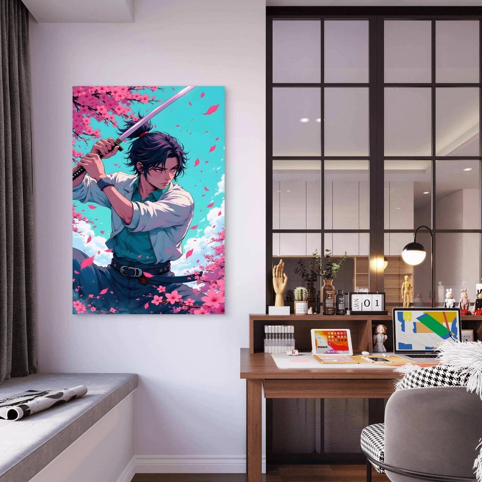 Samurai With Katana Cherry Blossom Landscape 40x60cm Metal Print Ready to Hang