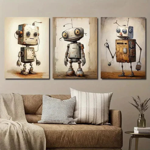 3pcs Vintage Robot Drawing Wall Art Set Canvas Unframed - High Quality Print 100% Australian Made Wall Canvas
