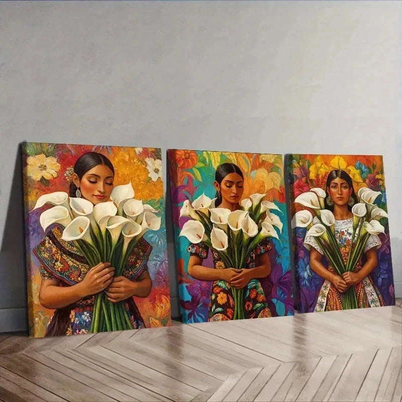 3pcs Mexican Women Holding Flowers Wall Art Set Canvas Framed 50x70cm - High Quality Print 100% Australian Made Wall Canvas Ready to Hang