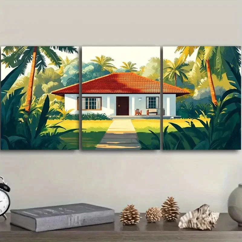 3pcs Vibrant Island Tropical Villa Wall Art Set Canvas Framed 60x90cm - High Quality Print 100% Australian Made Wall Canvas Ready to Hang