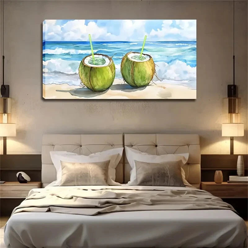 Two Cut Green Coconut Straw Wall Art Canvas Office Home Room Framed 120x60cm - Bella Home Decor