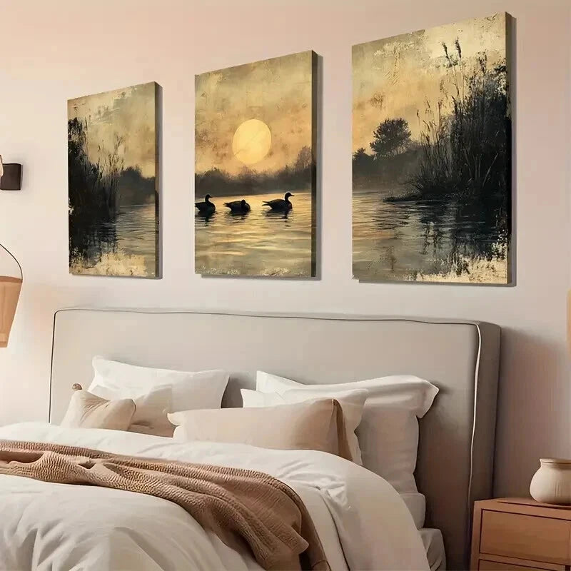 3pcs Pond Antique Classic Nature Décor Perfect Wall Art Set Canvas Framed 60x90cm - High Quality Print 100% Australian Made Wall Canvas Ready to Hang - Bella Home Decor